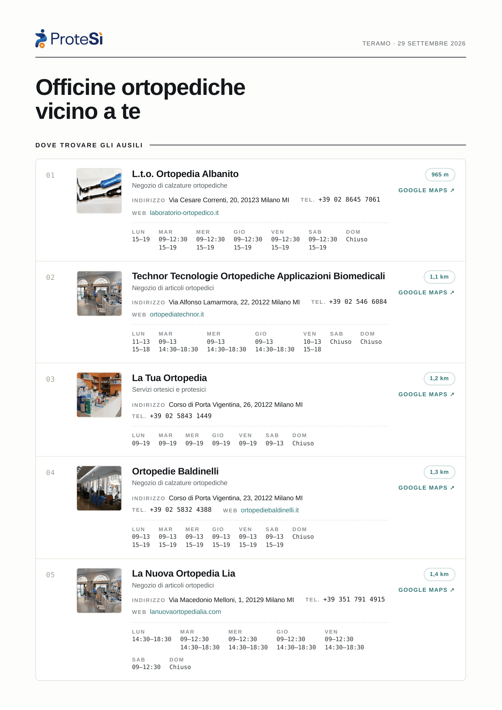 Pagina delle officine ortopediche più vicine nel documento per il paziente