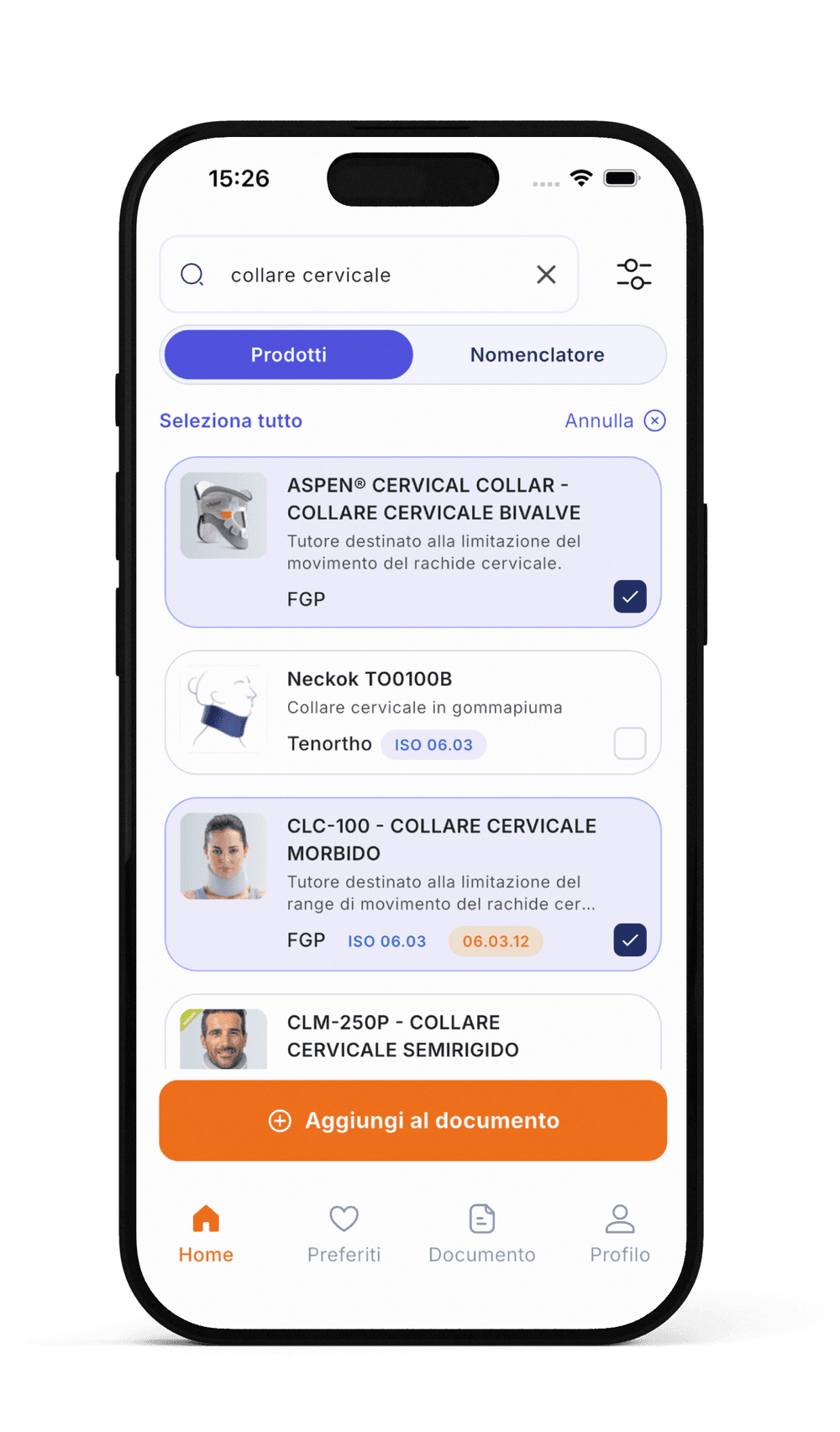 Lista di prodotti nell'app ProteSì